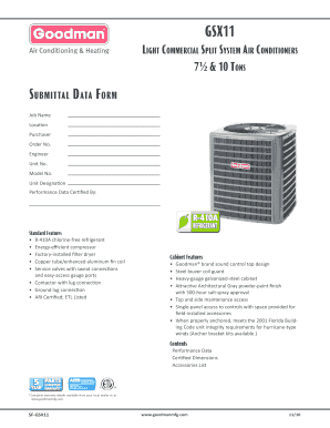 Goodman GSX11 Air Conditioner Submittal Data Form