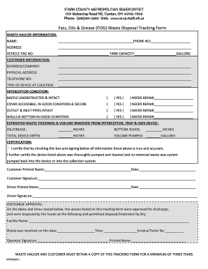 Fats Oils Grease Waste Disposal Tracking Form