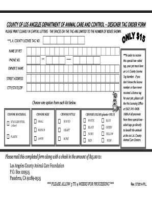 Los Angeles Pet Designer Tag Order Form