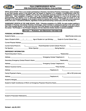 PIAA Comprehensive Initial Pre-Participation Physical Evaluation
