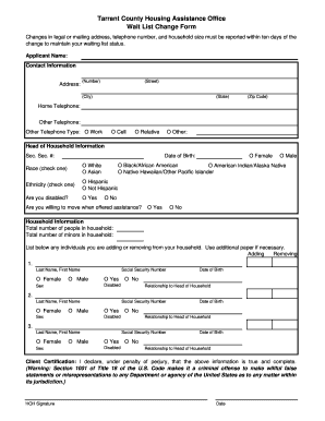 Tarrant County Housing Assistance Wait List Change Form