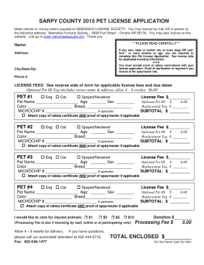 Sarpy County 2015 Pet License Application