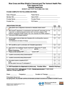 Blue Cross and Blue Shield of Vermont Tykerb Prior Approval Form