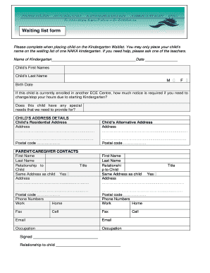 Kindergarten Waitlist Form