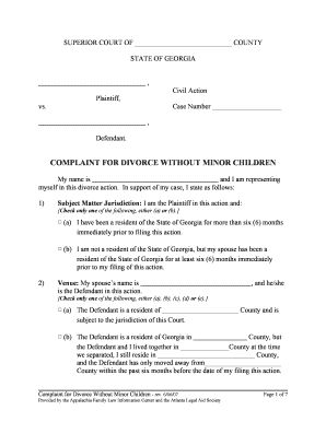 Georgia Divorce Complaint Without Minor Children