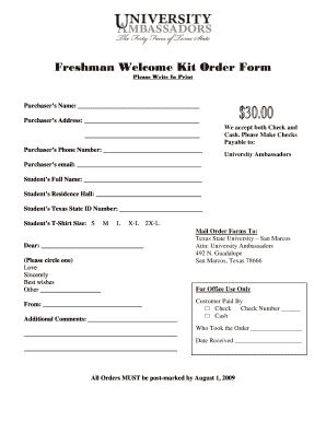 Freshman Welcome Kit Order Form