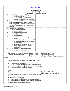 VAT-D4 Transit Goods Declaration Form