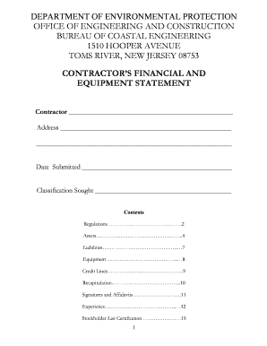 New Jersey Contractor's Financial and Equipment Statement