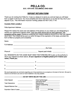 Pella Co. Deposit Return Form