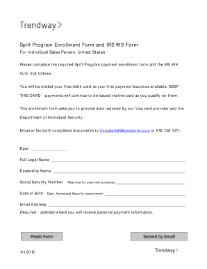 Spiff Program Enrollment Form and IRS W9 Form