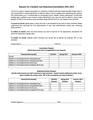 Student Loan Reduction/Cancellation Request Form