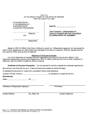 MOTION FOR ORDER ALLOWING ENTRY OF JUDGMENT Form ... - courts oregon