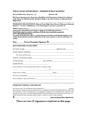 Parent Permission for Excursion and Emergency Medical Care Release