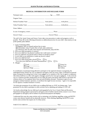 Austin Nature and Science Center Medical Information and Release Form