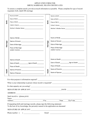 Application Form for Birth, Marriage, Death Certificates