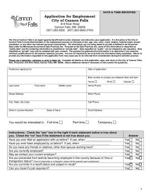 City of Cannon Falls Employment Application