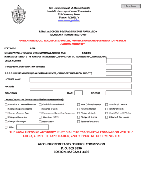 Massachusetts Retail Alcoholic Beverage License Application
