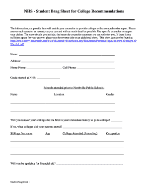 NHS Student Brag Sheet for College Recommendations