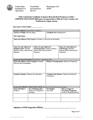 USDA FSIS Certificate to Export Beef to Chile