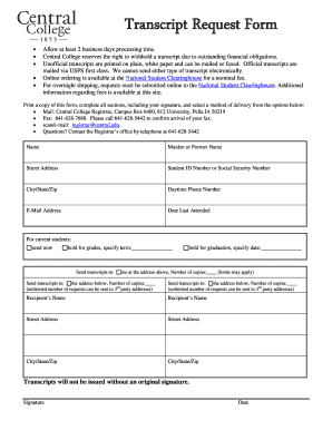 Central College Transcript Request Form