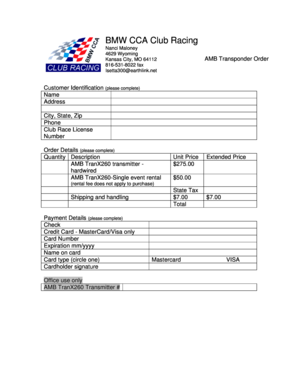 BMW CCA Club Racing AMB Transponder Order Form