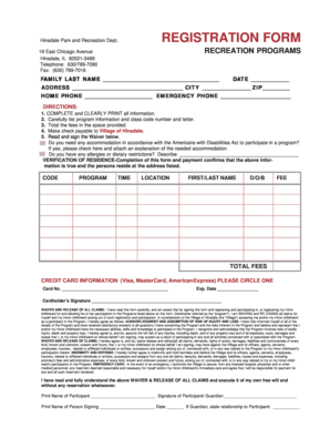 Hinsdale Park and Recreation Registration Form