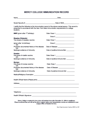 Mercy College Immunization Record Form
