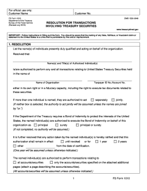 FS Form 1010 Resolution for Treasury Securities