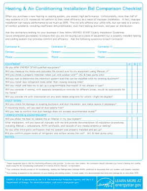 Heating and Cooling Installation Bid Comparison Checklist