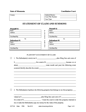Minnesota Conciliation Court Statement of Claim and Summons