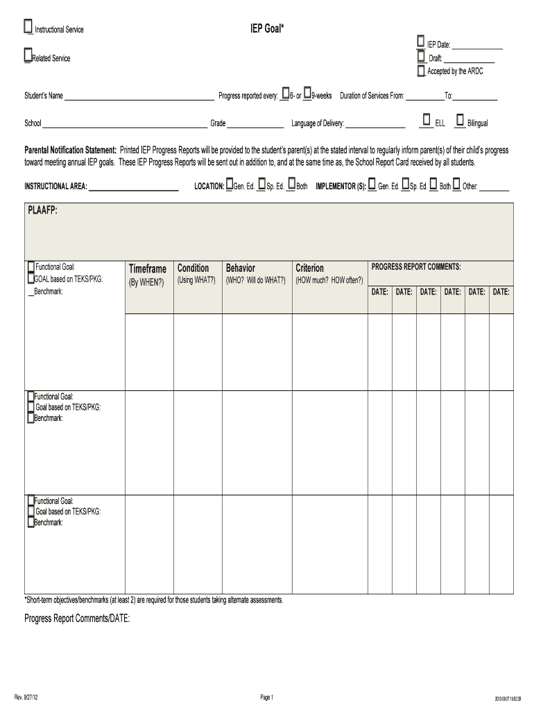 Fillable Online Standards based IEP GoalCopy Fax Email Print pdfFiller