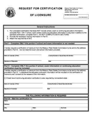 Missouri Real Estate Commission Certification Request
