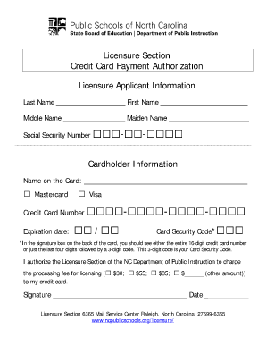North Carolina Licensure Credit Card Payment Authorization