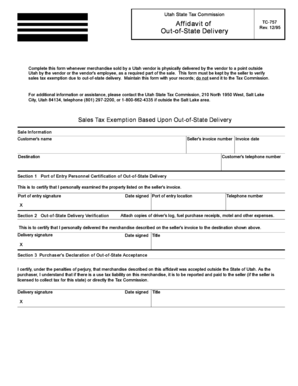 Utah TC-757 Out-of-State Delivery Affidavit