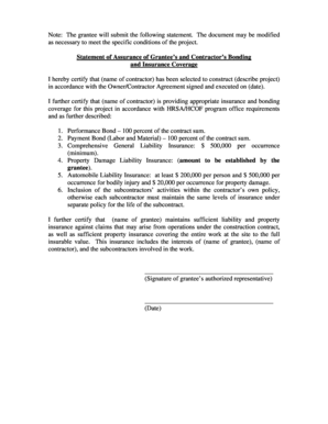 Statement of Assurance of Grantee’s and Contractor’s Bonding and Insurance Coverage