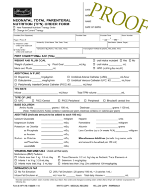 Neonatal Parenteral Nutrition Order Form