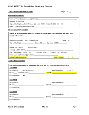 Lead Safety Test Kit Documentation Form