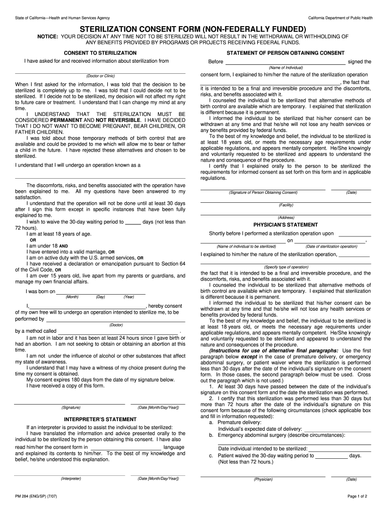 sterilization consent form california non federally funded Preview on Page 1