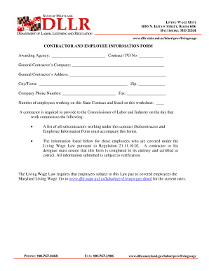 Maryland Living Wage Contractor and Employee Information Form