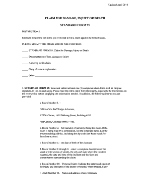 Standard Form 95 Claim for Damage, Injury or Death