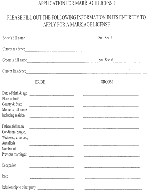 Fillable Online APPLICATION FOR MARRIAGE LICENSE PLEASE FILL OUT THE ...