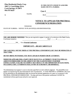Florida Notice to Appear for Pretrial Conference
