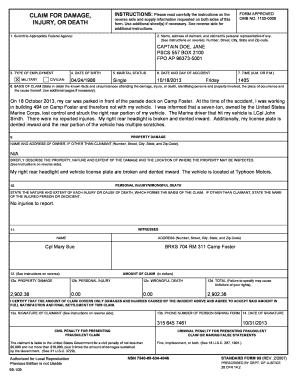 US Federal Tort Claims Act Damage Claim Form