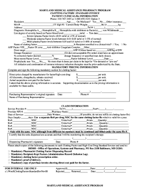 Maryland Clotting Factors Standard Invoice