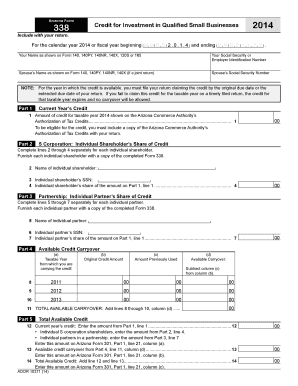 Arizona Form 338 Credit for Investment in Qualified Small Businesses 2014