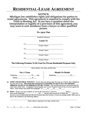 RESIDENTIAL-LEASE AGREEMENT NOTICE: Michigan law establishes rights and obligations for parties to rental agreements