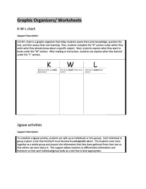 Graphic Organizers/ Worksheets K-W-L chart Support Description A K-W-L chart is a graphic organizer that helps students assess their prior knowledge, question the text, and then assess their own learning - nj