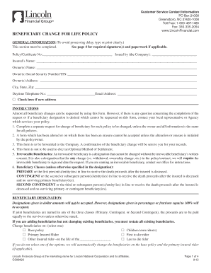 Beneficiary Change Form for Life Policy