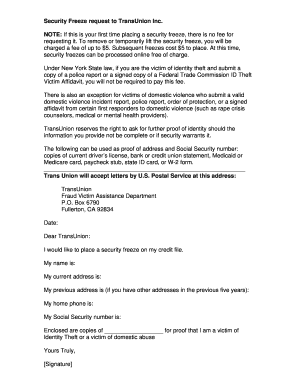 Security Freeze Request Form