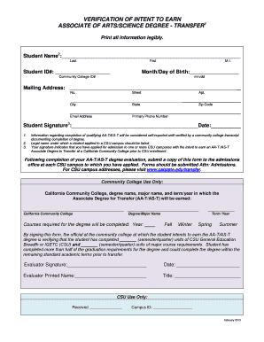 Verification of Intent to Earn Associate Degree Transfer